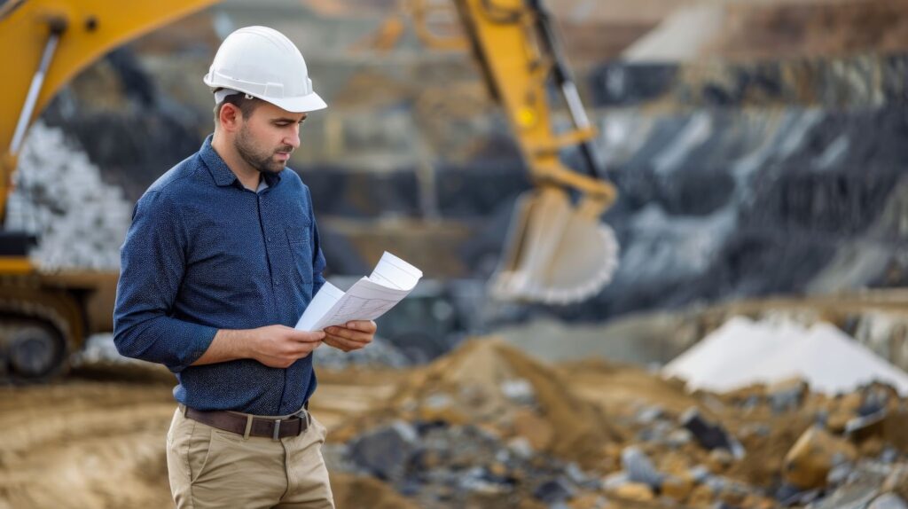 Engenheiro em mineração no Brasil, revisando documentos em uma área de extração ao lado de máquinas pesadas.